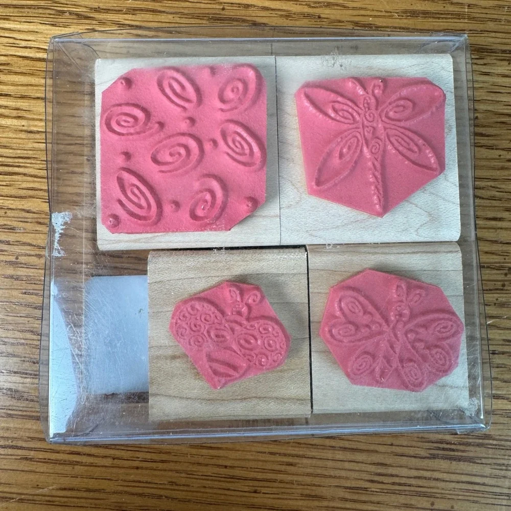 Close To My Heart Wood Mounted Rubber Stamps Set Butterfly Dragonfly Bee Swirls‎